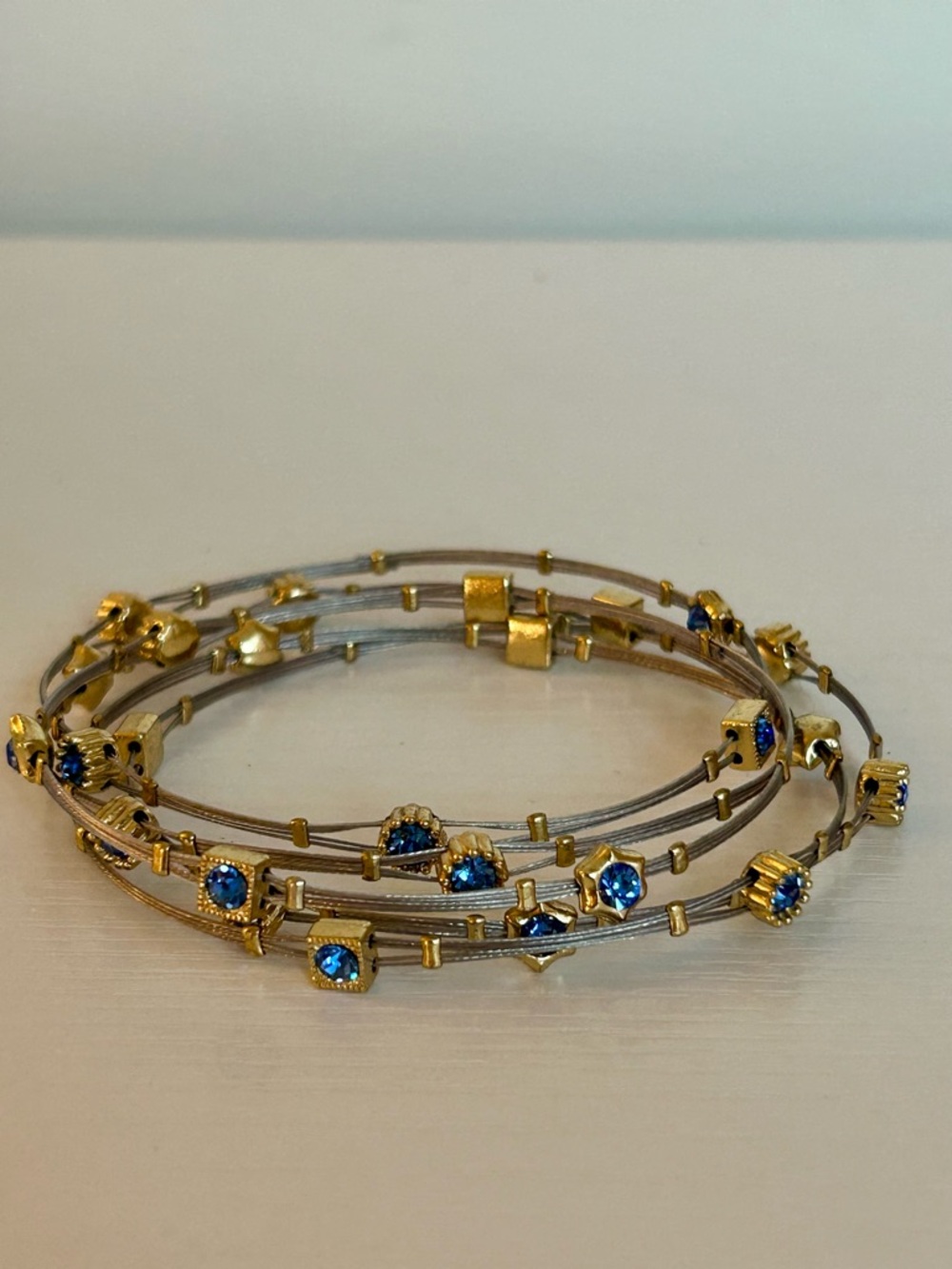 Blue Crystal Multi Strand Bracelet Set- Gold Silver Stack